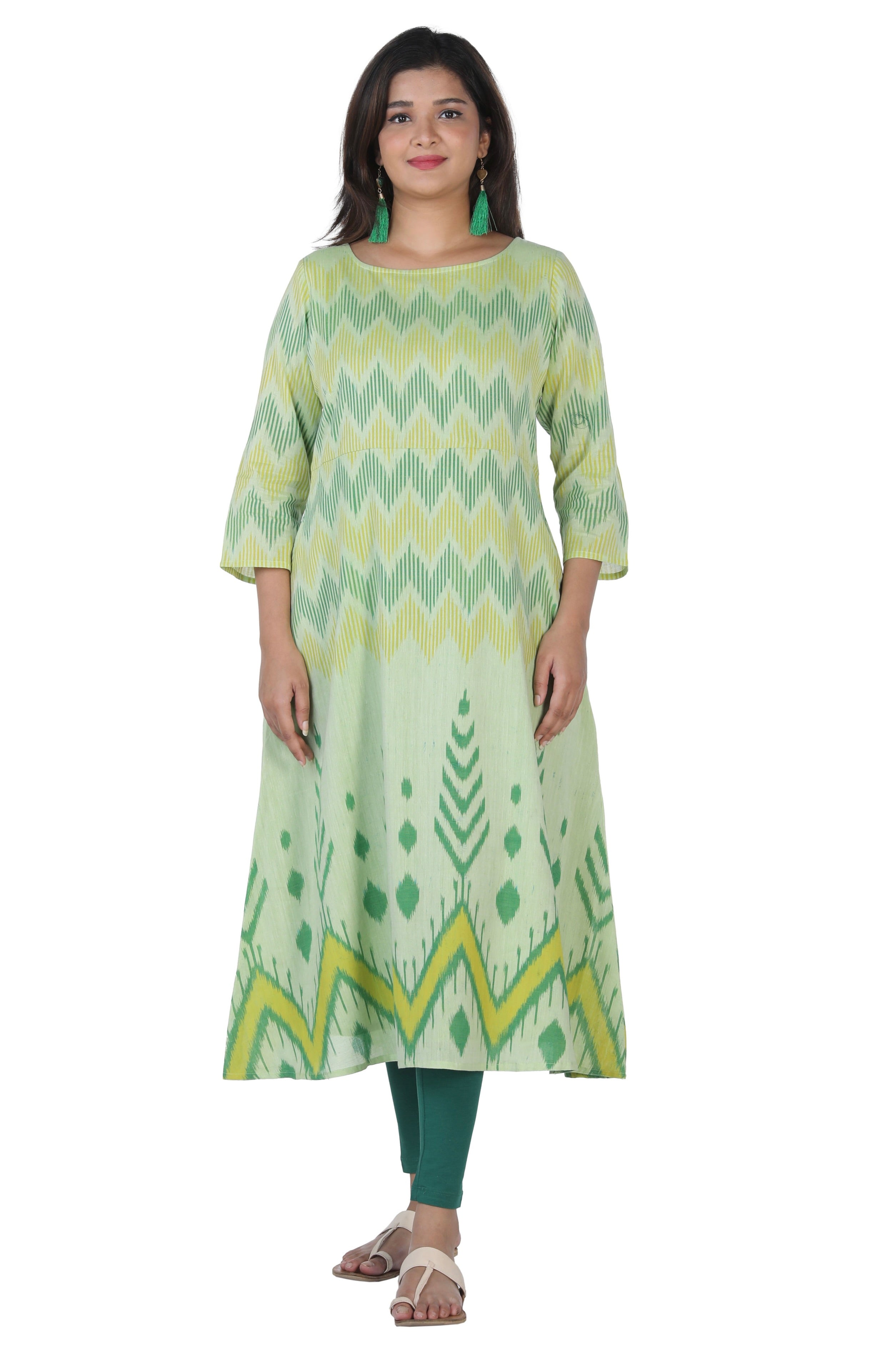 Sap Green mercerized handwoven cotton Ikat long kurti L / Green Sap Green mercerized handwoven cotton Ikat long kurti L / Green