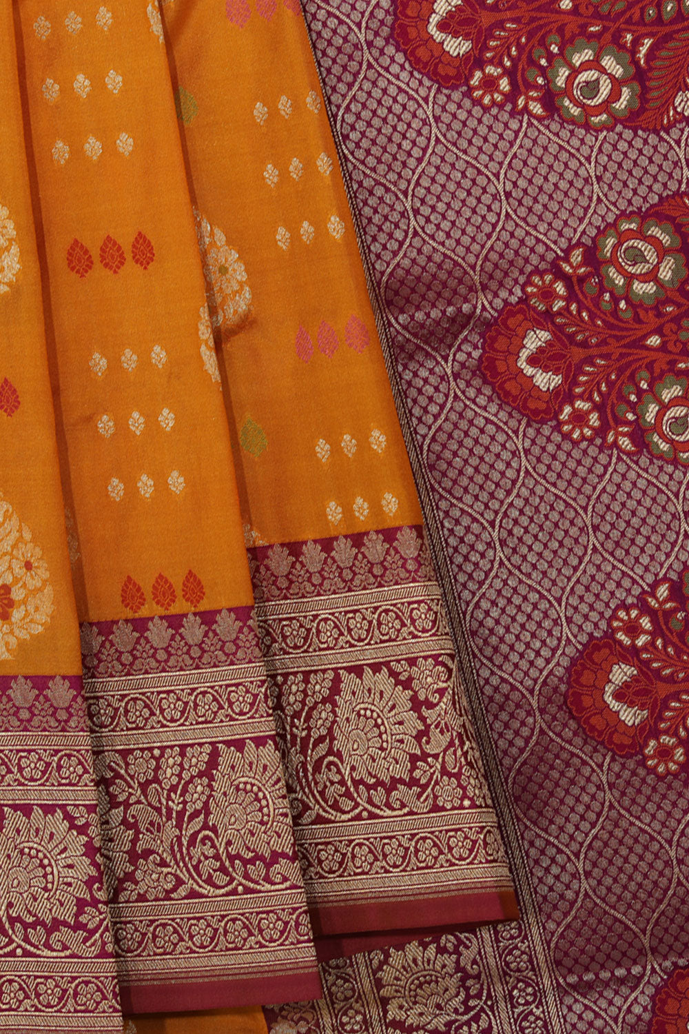 Collection of Banarasi Silk Mustard Saree in a gallery layout