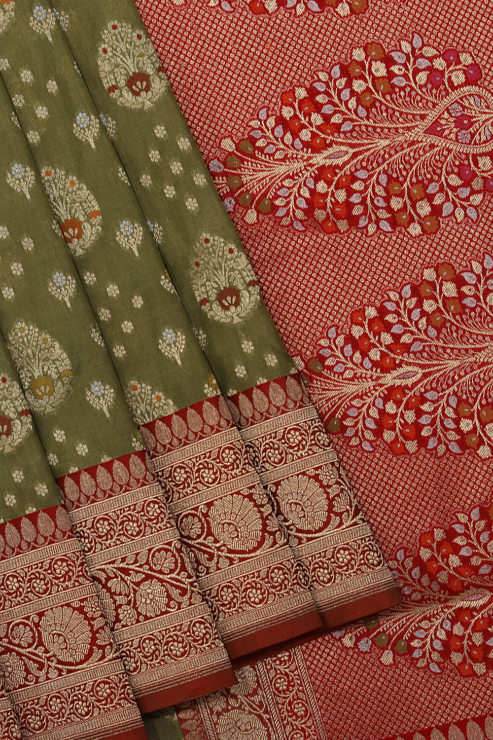 Image of Banarasi Silk Olive-Green Saree