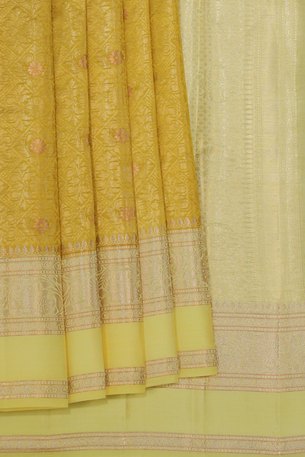 Collection of Banarasi Chiniya-Silk Fenugreek-Yellow Saree in a gallery layout