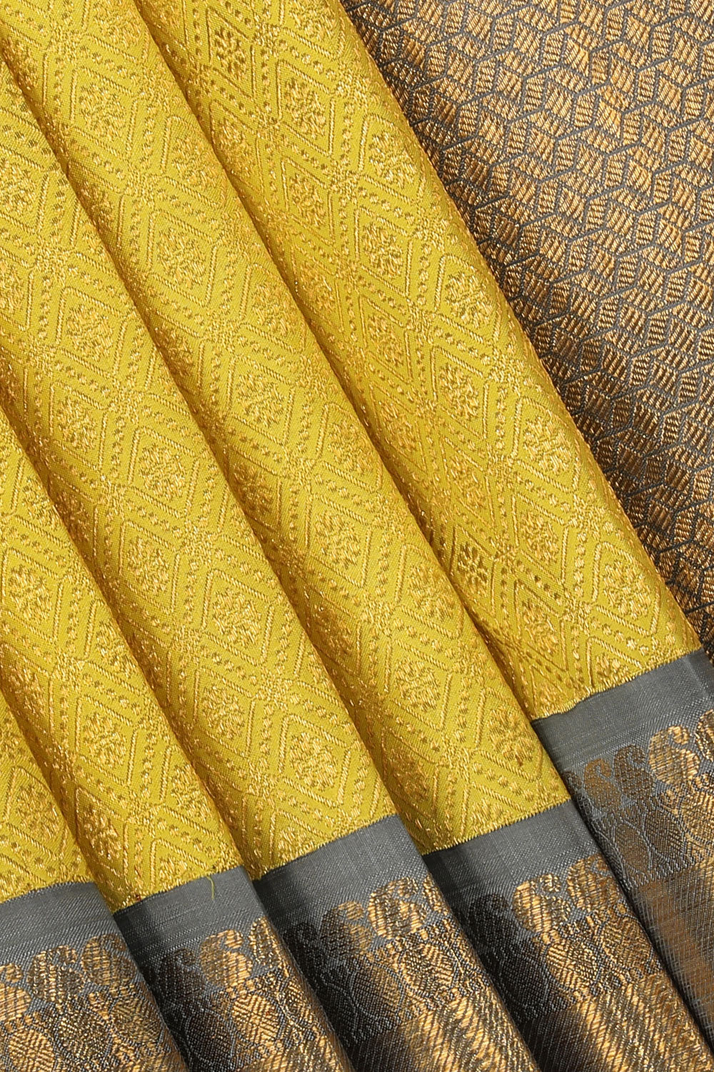 Image of Kanjivaram-Silk Lime-Yellow Saree