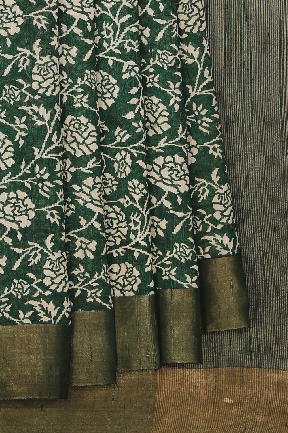 Collection of Bottle Green Tussar Silk Floral Print Saree in a gallery layout