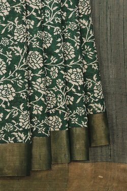 Collection of Bottle Green Tussar Silk Floral Print Saree in a gallery layout