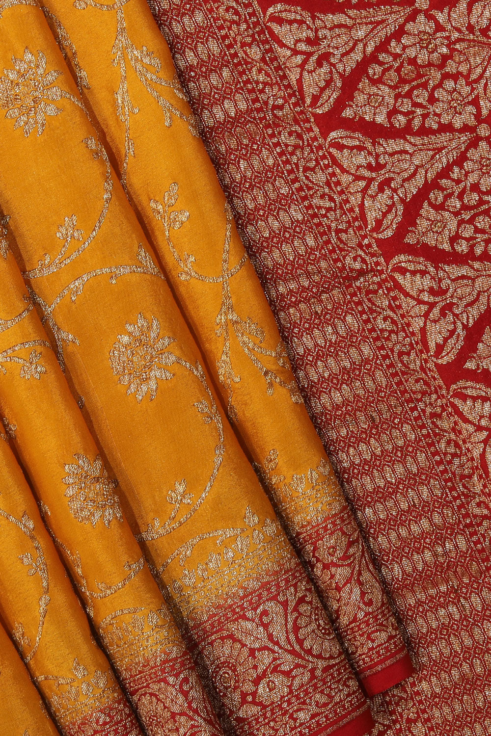 Collection of Banarasi Crepe Mustard Saree in a gallery layout