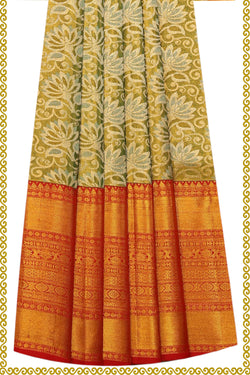 Collection of Kanchipattu Pavada Green Unstitched Set in a gallery layout