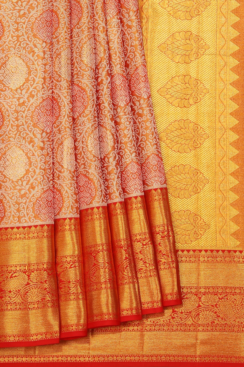 Collection of Kanchipattu Tissue Brocade Gold-Red Saree in a gallery layout