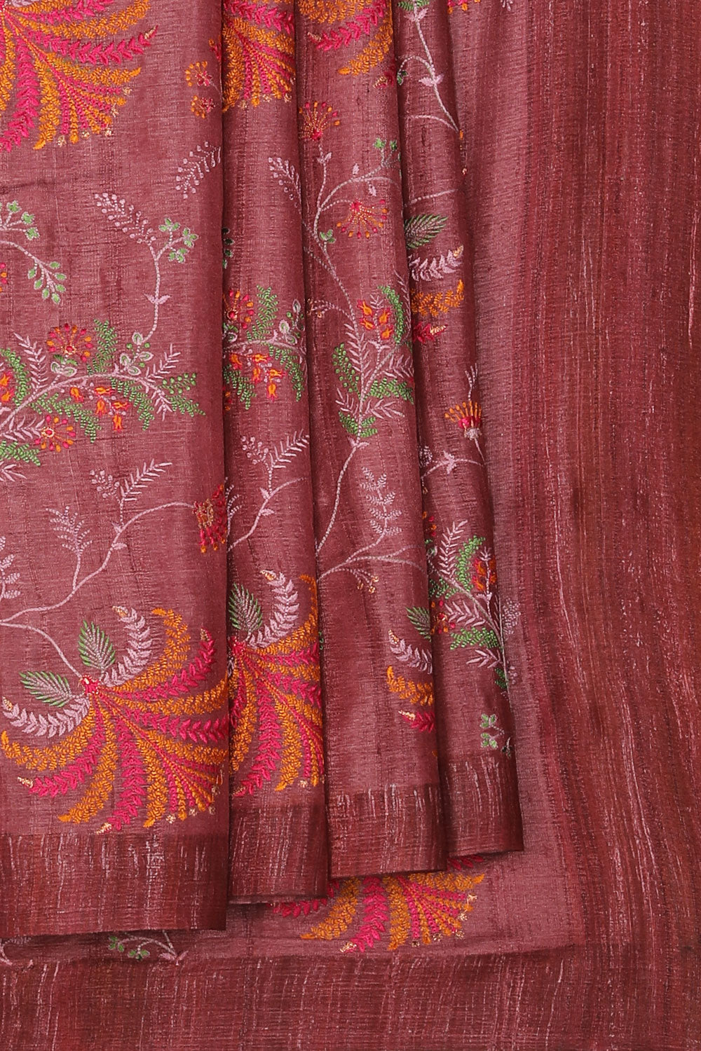 Collection of Tussar Silk Woodrose Pink Embroidered Saree in a gallery layout