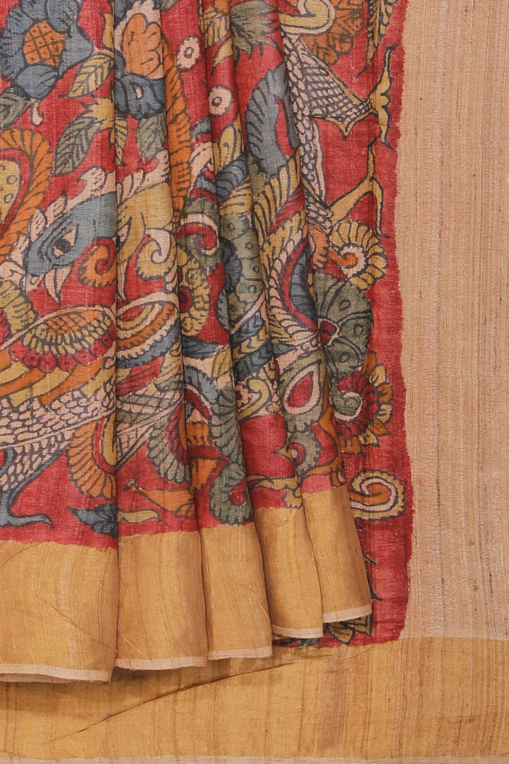 Collection of Tussar Kalamkari Hand-Painted Red Saree in a gallery layout