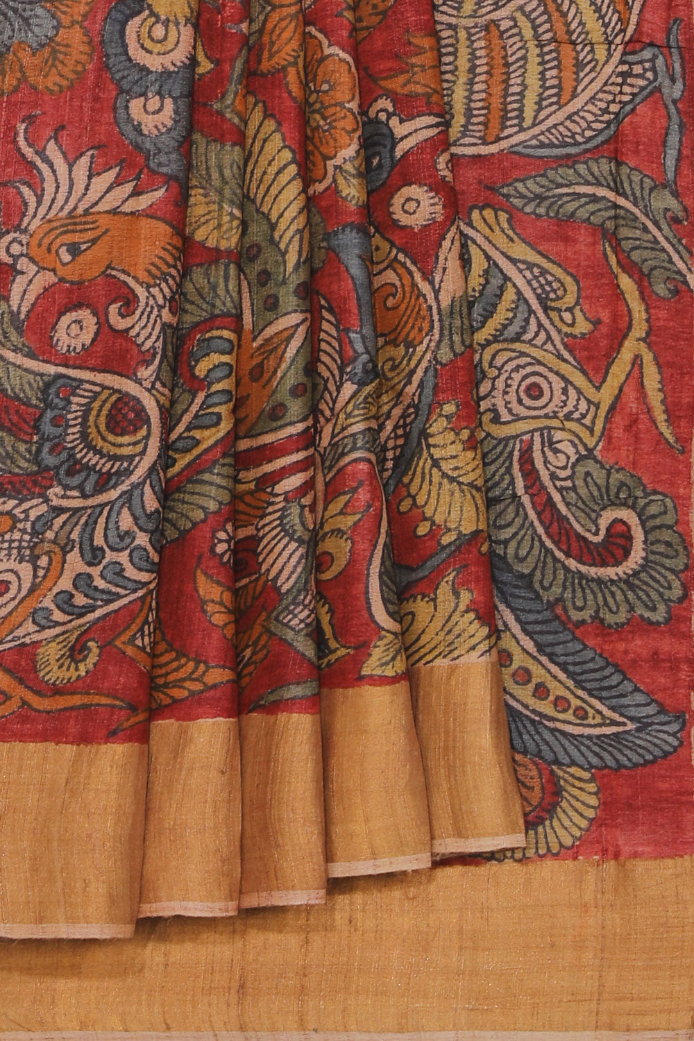 Collection of Tussar Kalamkari Hand-Painted Red Saree in a gallery layout