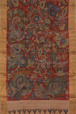 Collection of Tussar Kalamkari Hand-Painted Red Saree in a gallery layout