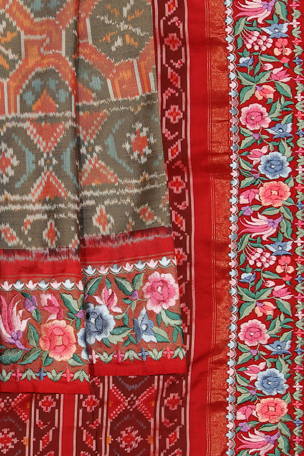 Collection of Pochampally Silk Ikat Coral-Orange Saree in a gallery layout