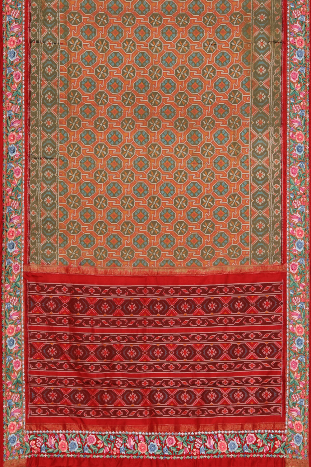 Image of Pochampally Silk Ikat Coral-Orange Saree