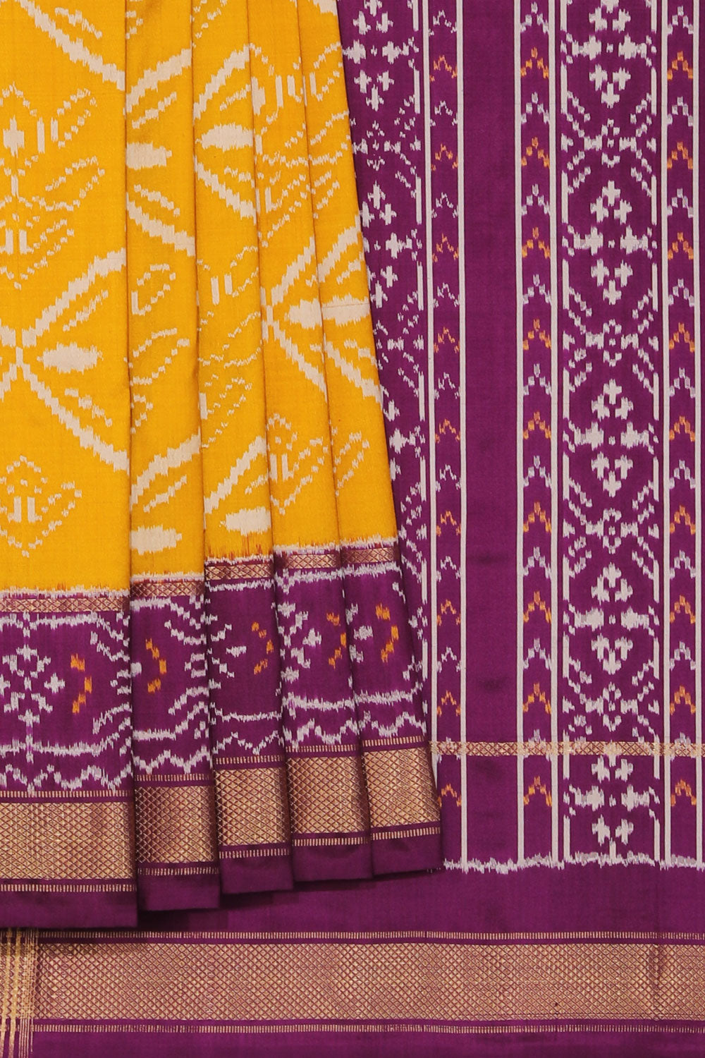 Collection of Pochampally Silk Ikat Fenugreek Yellow Saree in a gallery layout