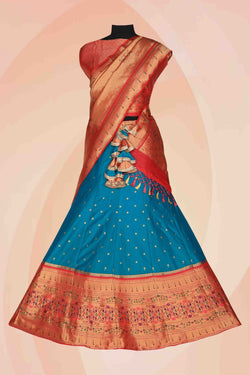 Collection of Teal Blue Lehenga Unstitched 3 Pcs Set in a gallery layout