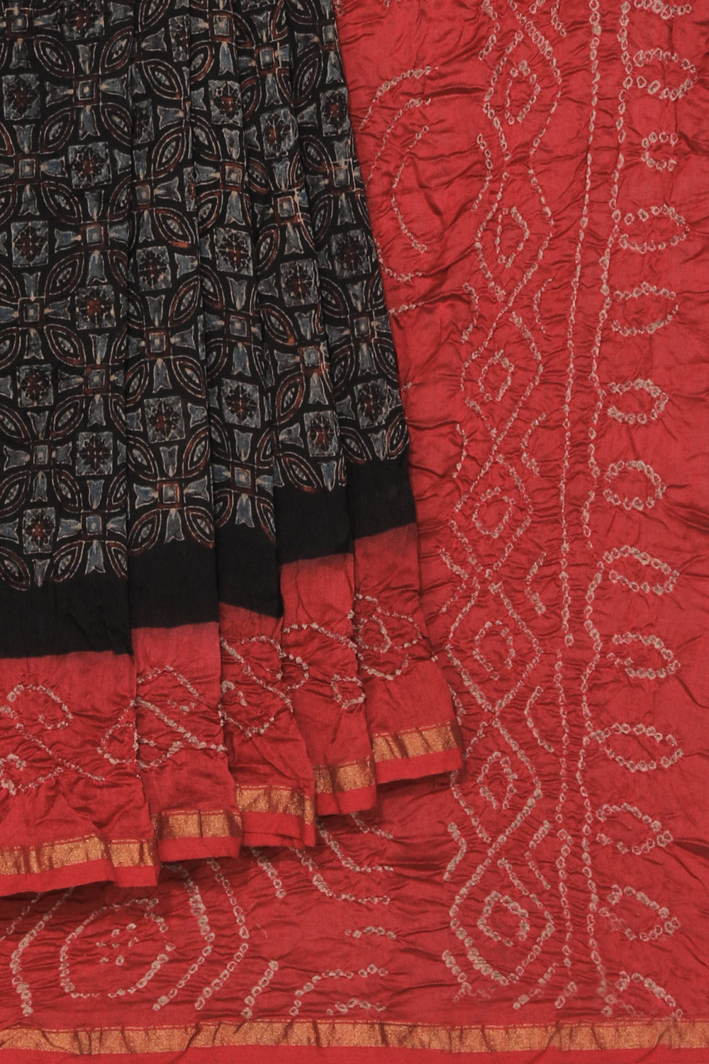 Collection of Contemporary Style Ajrakh/Bandhani Print Saree in a gallery layout