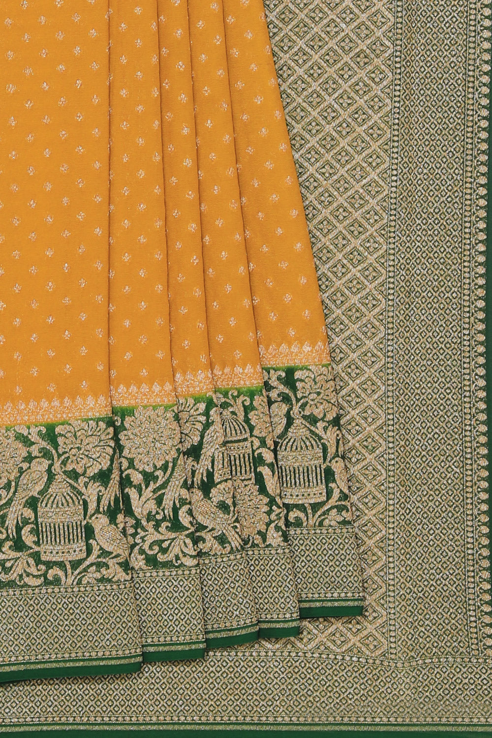 Collection of Banarasi Georgette Fenugreek Green Saree in a gallery layout