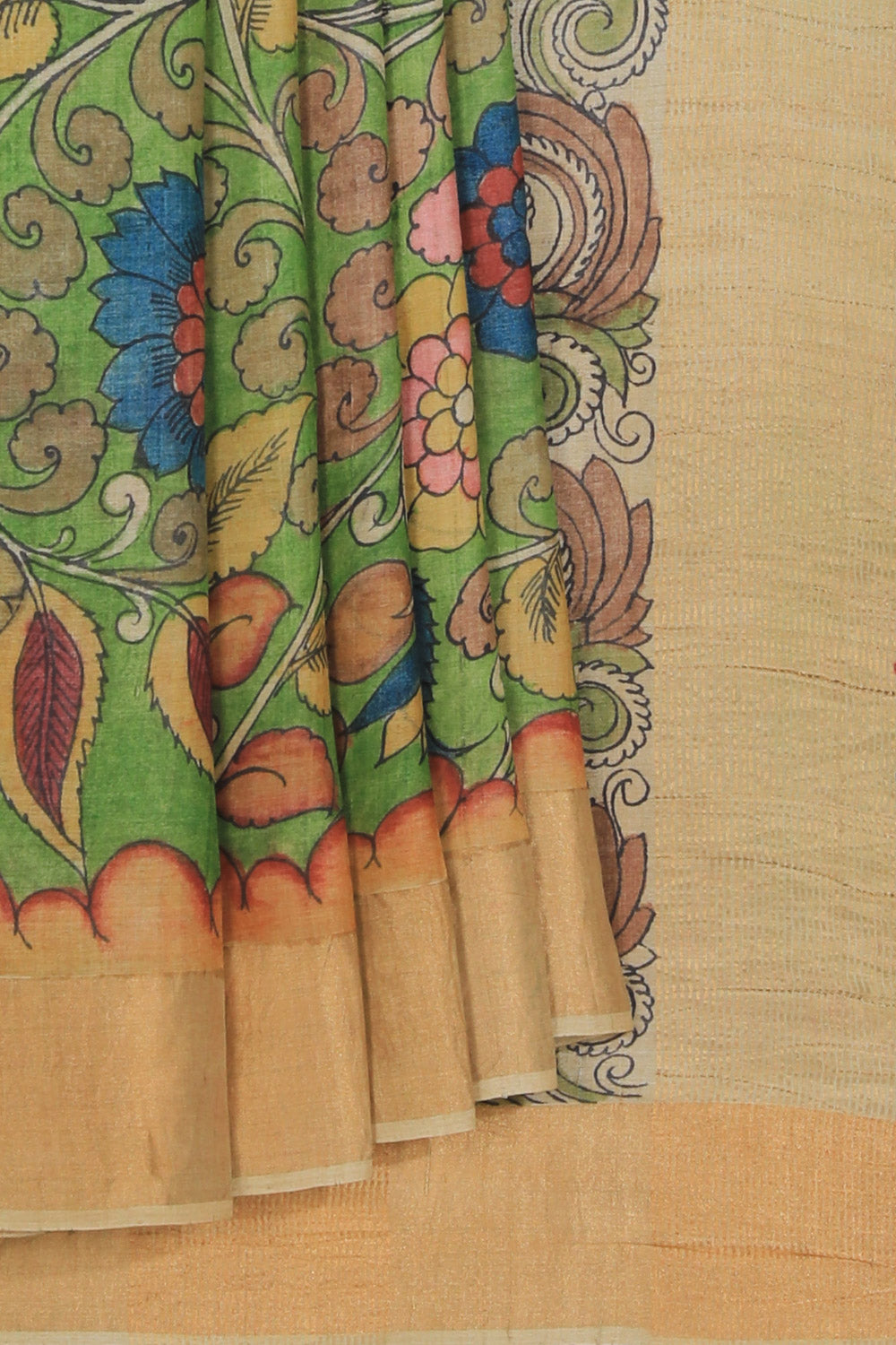 Collection of Tussar Kalamkari Hand-Painted Green Saree in a gallery layout