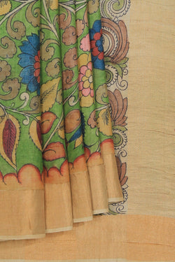 Collection of Tussar Kalamkari Hand-Painted Green Saree in a gallery layout