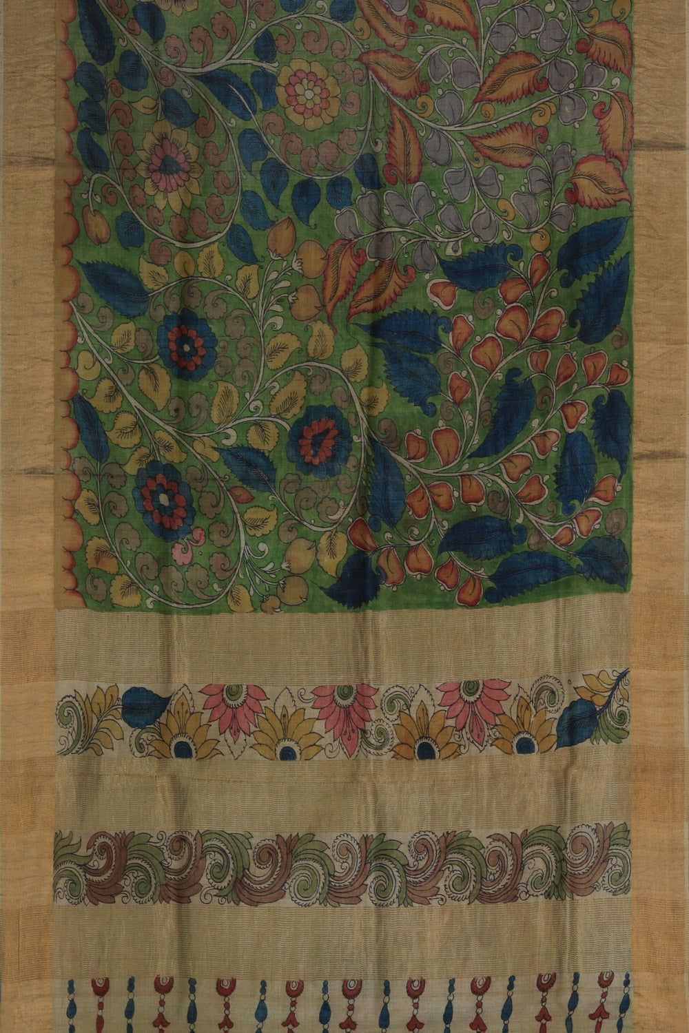 Collection of Tussar Kalamkari Hand-Painted Green Saree in a gallery layout