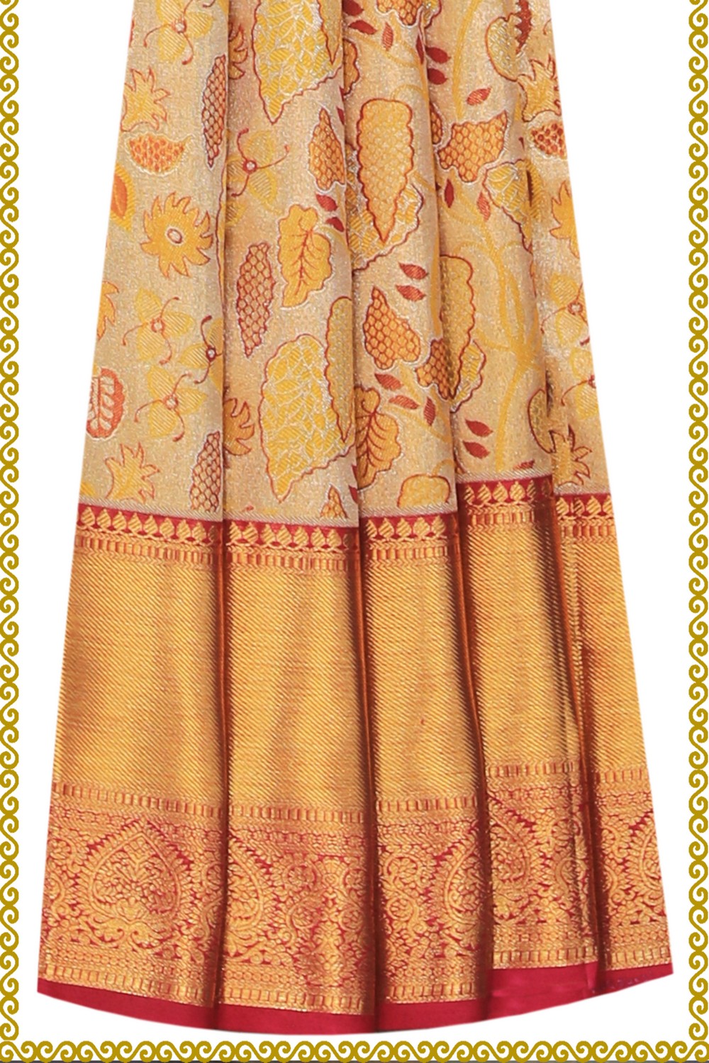 Collection of Kanchipattu Gold Pavada Unstitched Set in a gallery layout