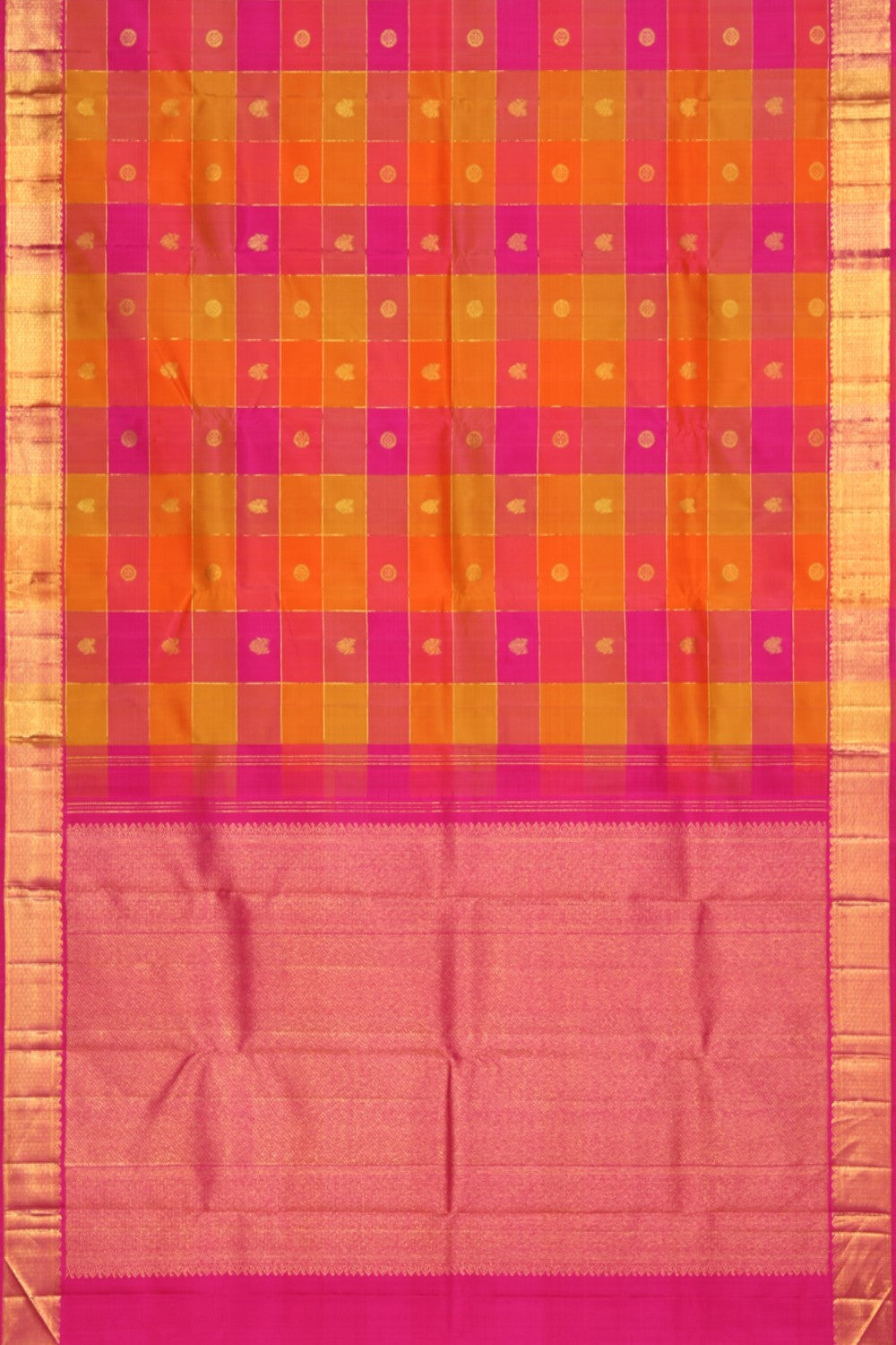 Collection of Arani Silk Yellow-Pink Check Pattern Saree in a gallery layout