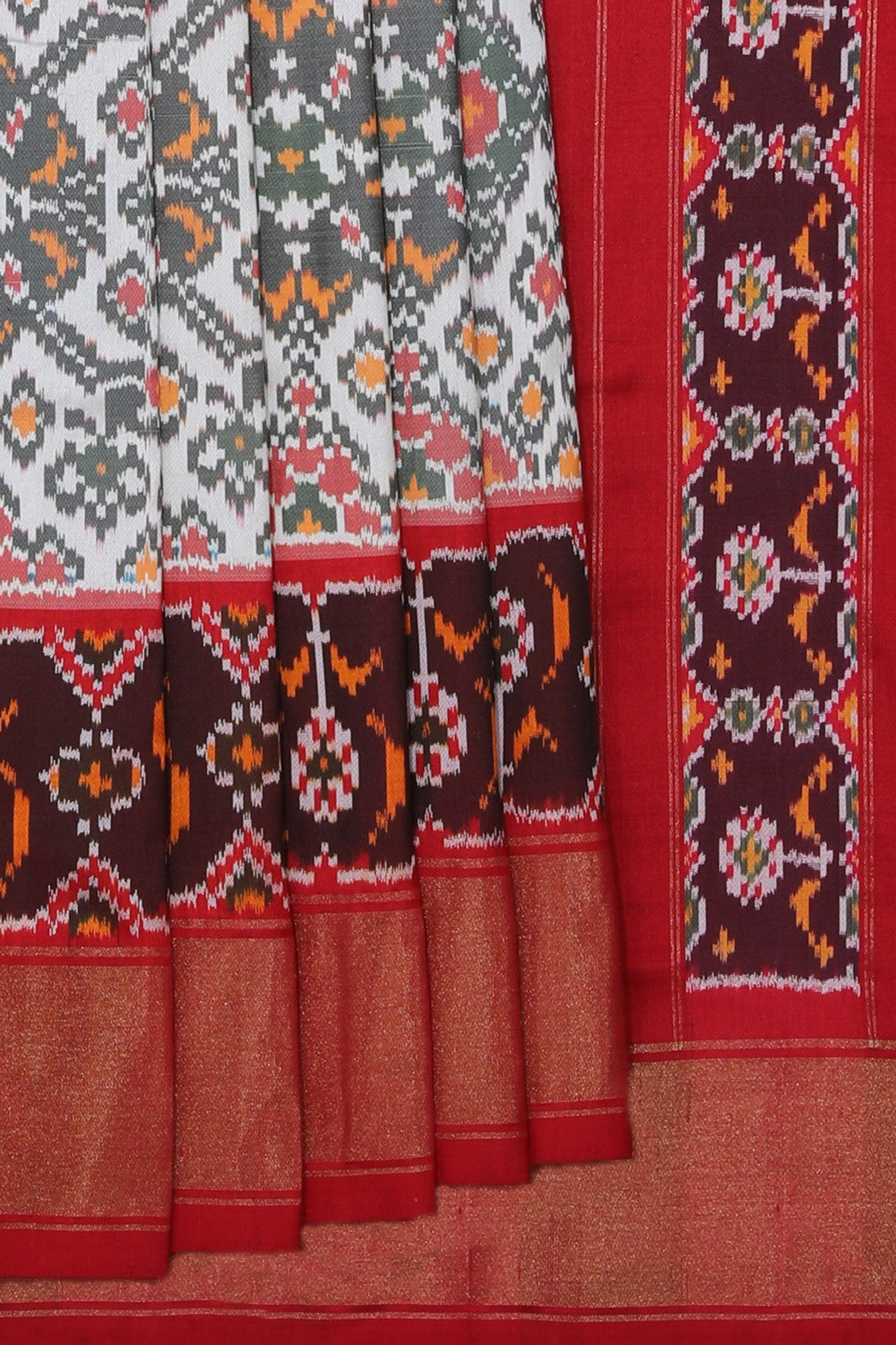 Collection of Pochampally Ikat Silk Off-White Saree in a gallery layout