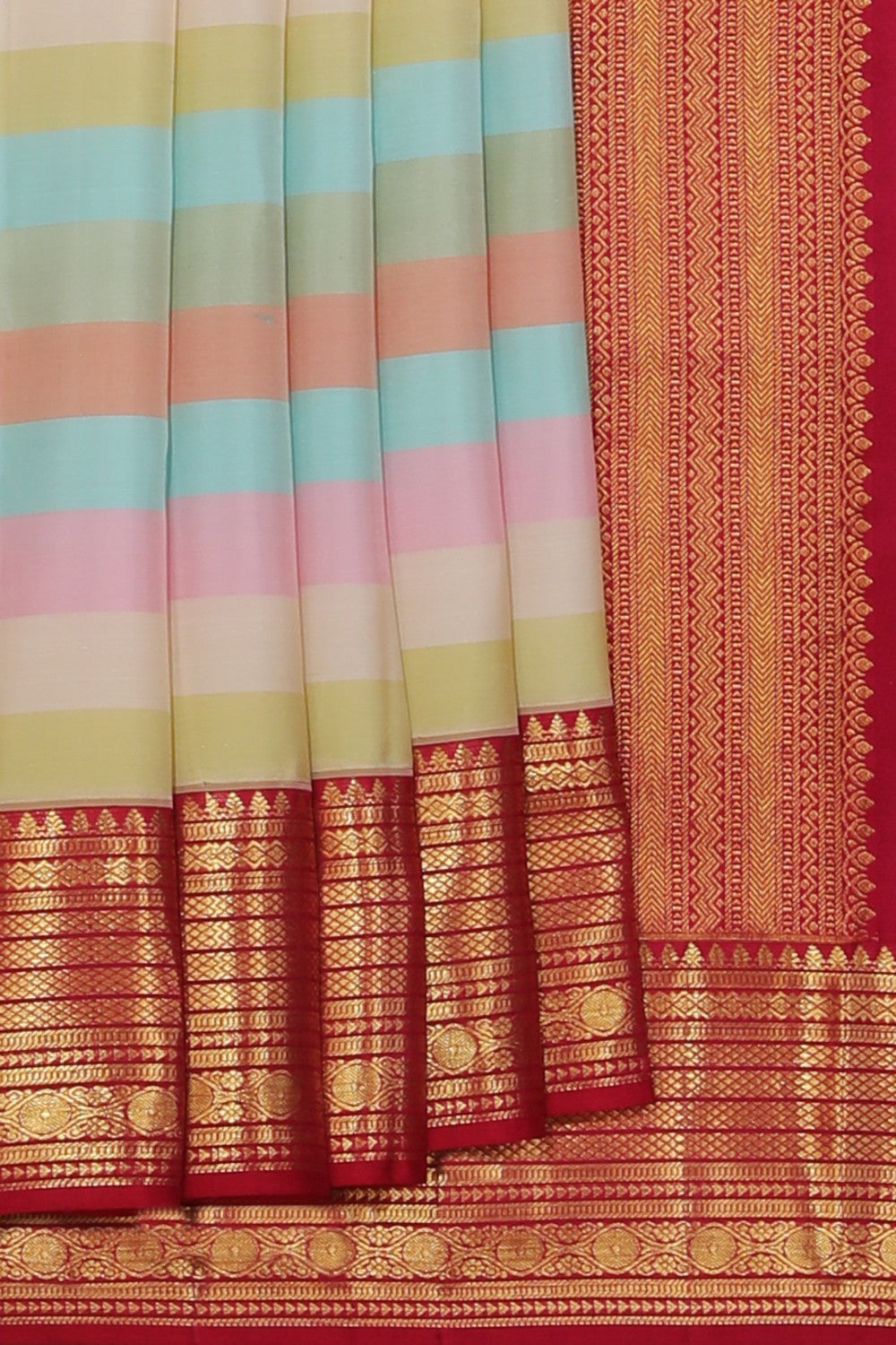 Collection of Kanchipattu Multi-Colour Horizontal Striped Saree in a gallery layout