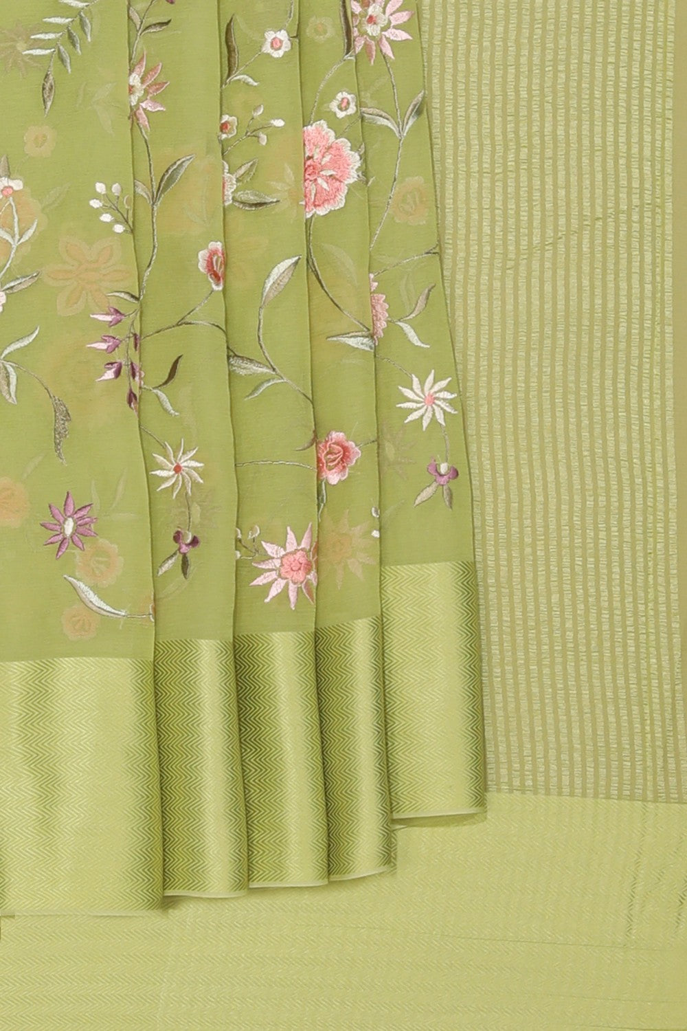 Collection of Chiffon Sage Green Saree in a gallery layout