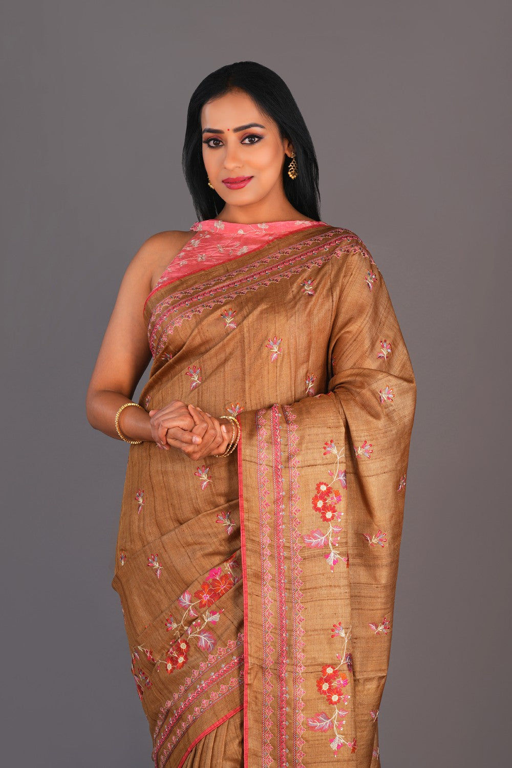 Image of Tussar Silk Embroidery Saree