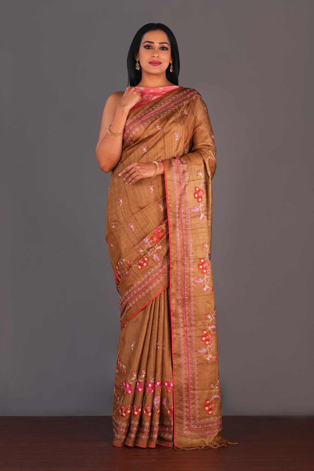 Image of Tussar Silk Embroidery Saree