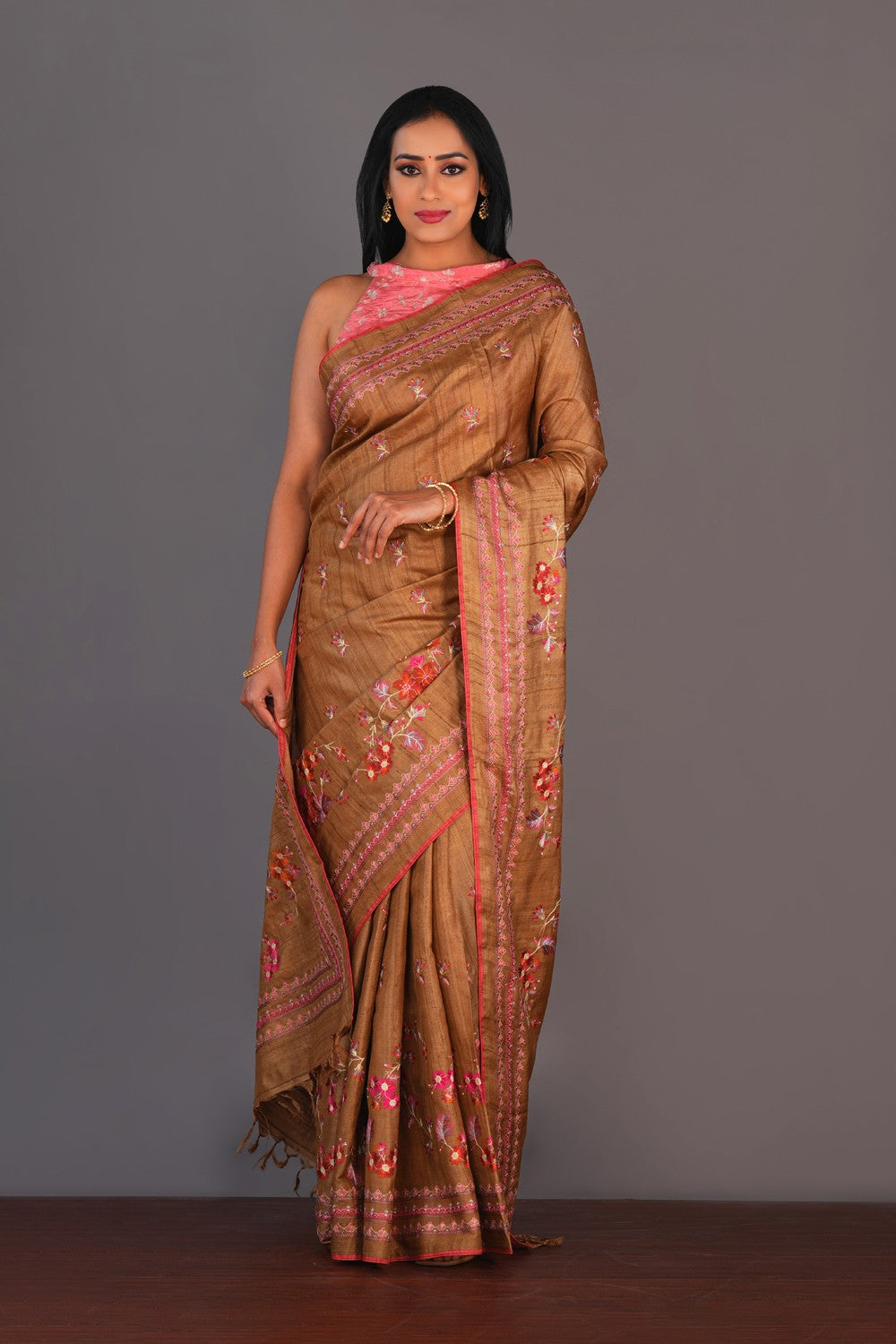 Image of Tussar Silk Embroidery Saree