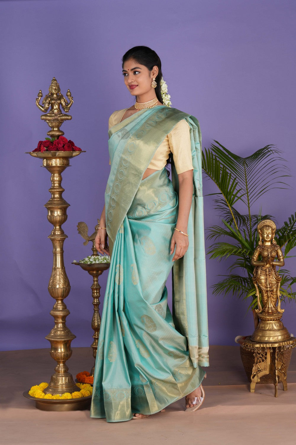 Image of Peacock Blue South Silk Saree