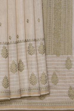 Image of Tussar Embroidery Off-White Saree