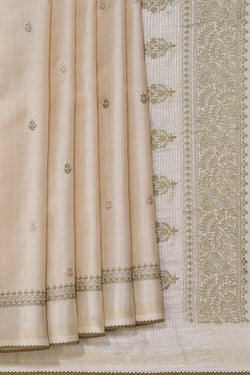 Image of Tussar Embroidery Off-White Saree