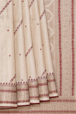 Image of Tussar Embroidery Off-White Saree