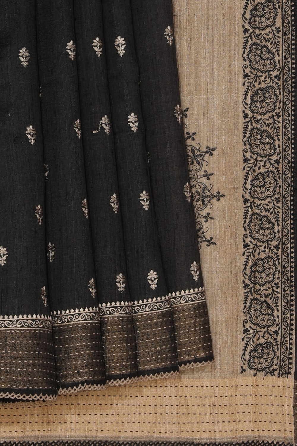 Tussar Embroidery Black Saree