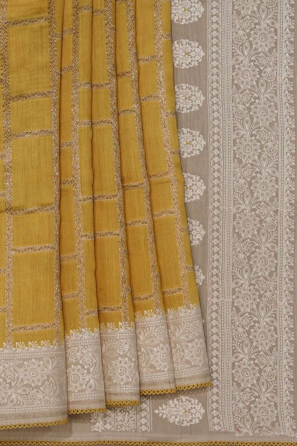 Tussar Embroidery Yellow Saree