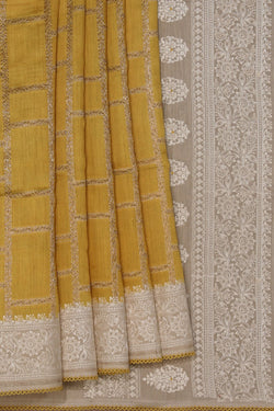 Image of Tussar Embroidery Yellow Saree