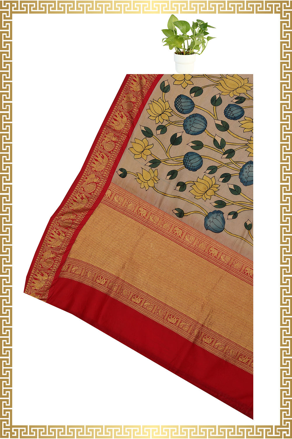 Image of Grey Kalamkari Hand-Painted Dupatta