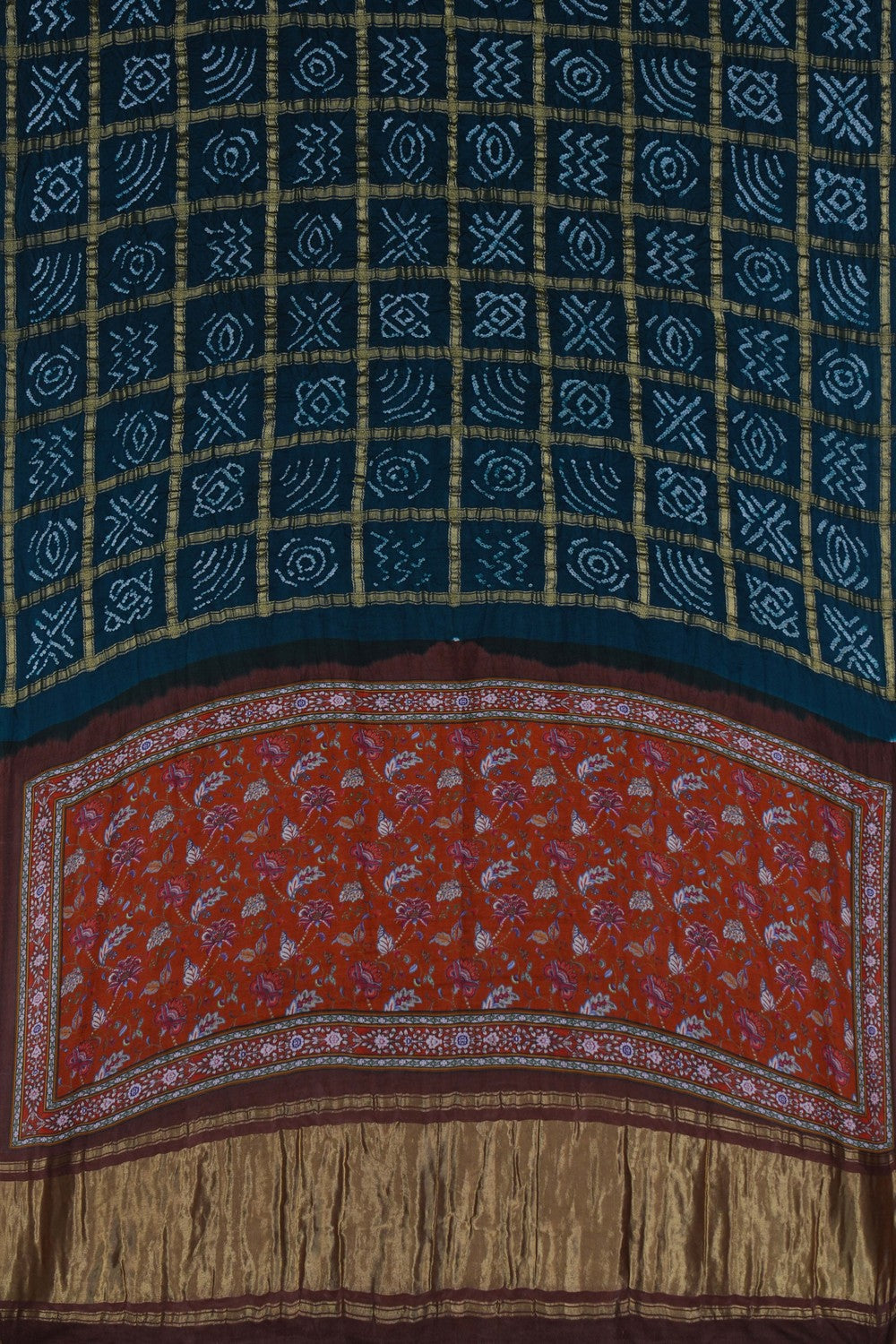 Image of Satin Bandhani Peacock Blue Saree