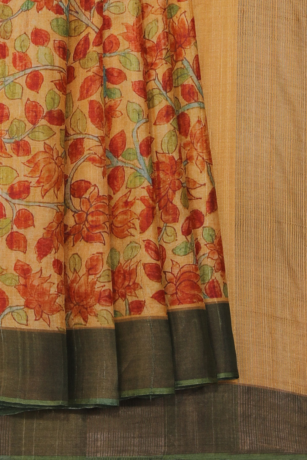 Beige Tussar Silk Lotus/Floral Kalamkari Print Saree