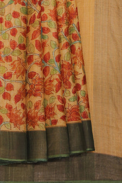 Image of Beige Tussar Silk Lotus/Floral Kalamkari Print Saree