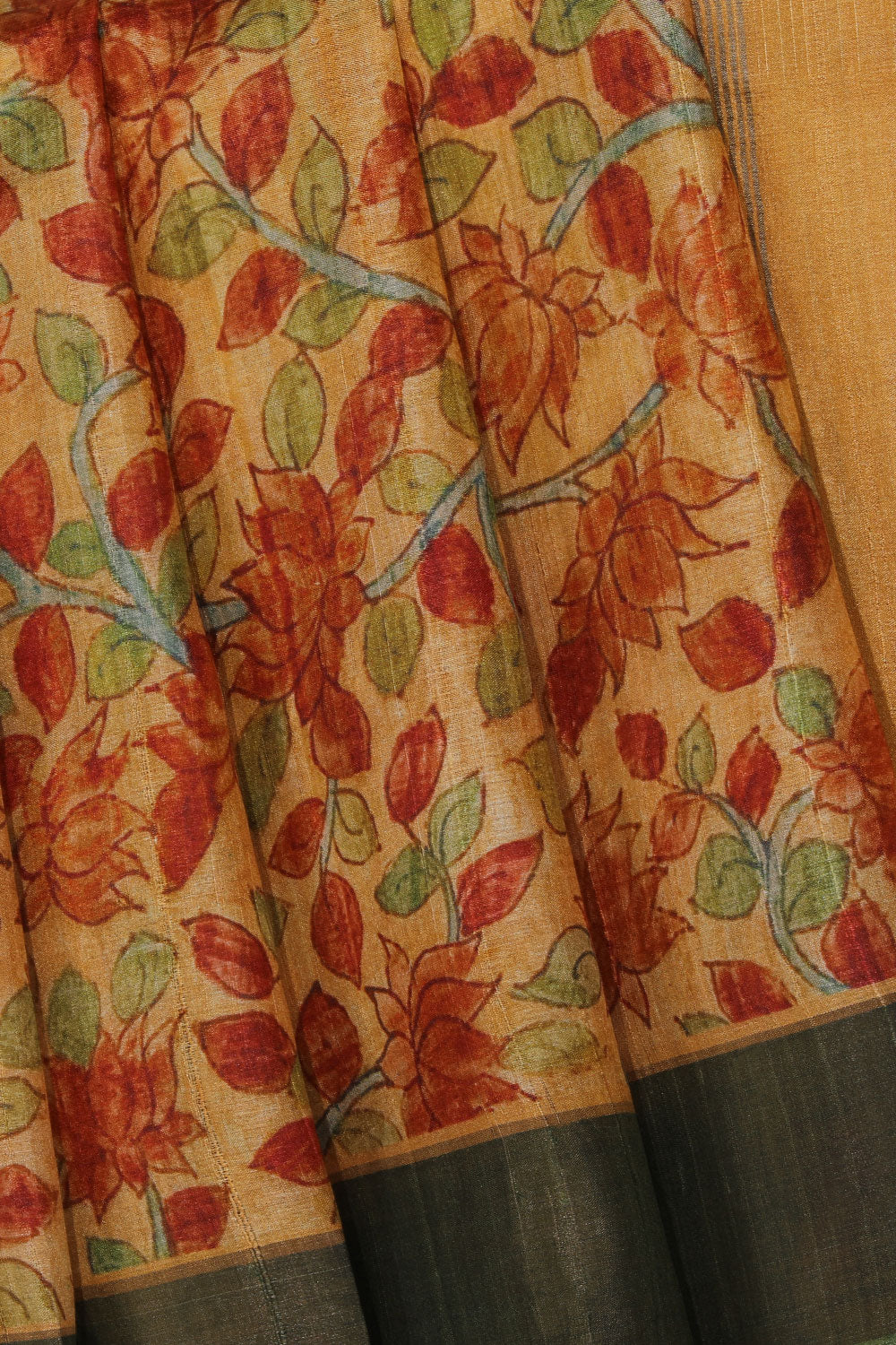 Beige Tussar Silk Lotus/Floral Kalamkari Print Saree