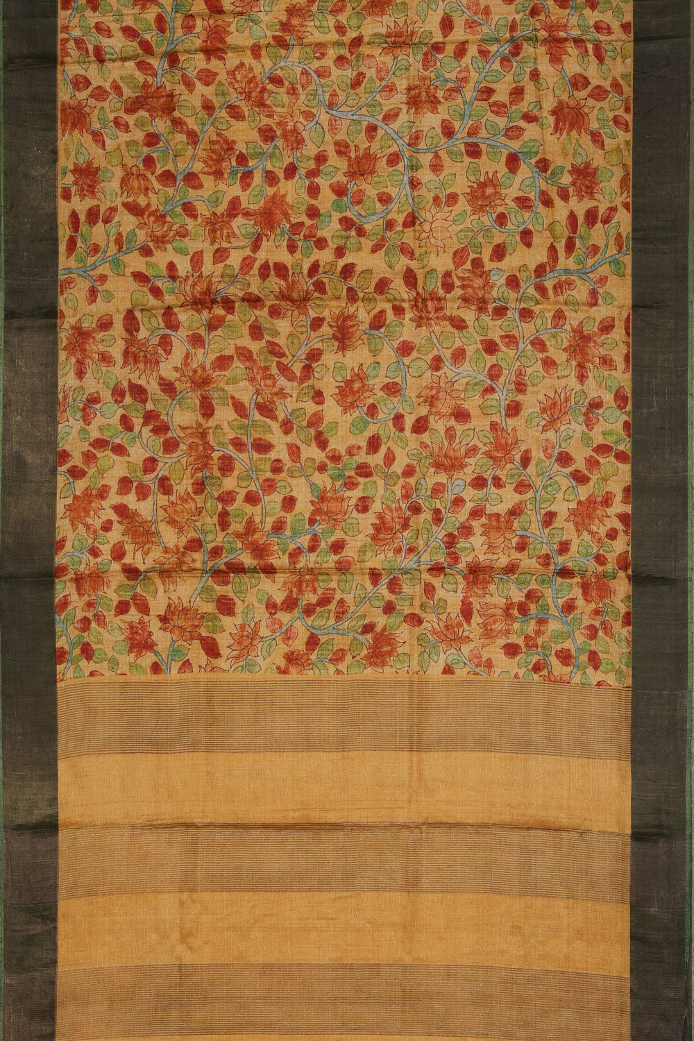 Beige Tussar Silk Lotus/Floral Kalamkari Print Saree