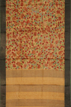 Image of Beige Tussar Silk Lotus/Floral Kalamkari Print Saree