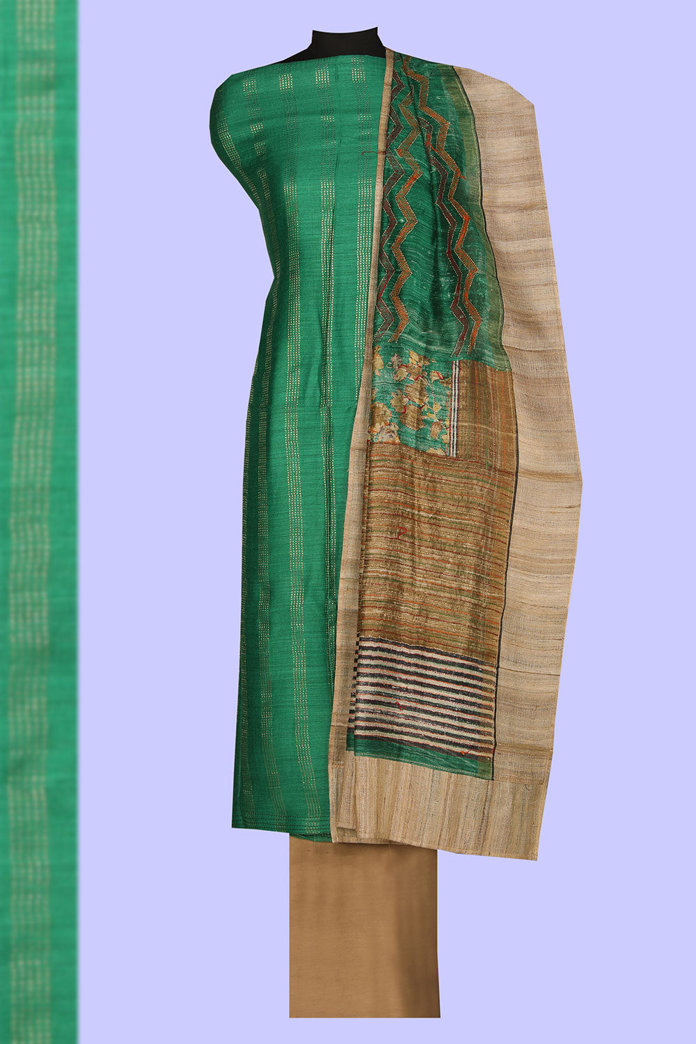 Collection of Simple Yet Elegant Tussar Silk Unstitched Suit With Dupatta (3 Pcs Set) in a gallery layout