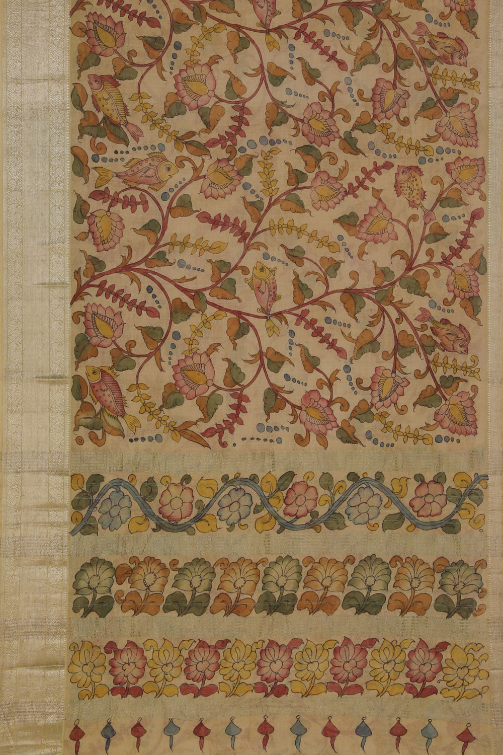 Image of Mangalgiri Silk Kalamkari Off-White Saree