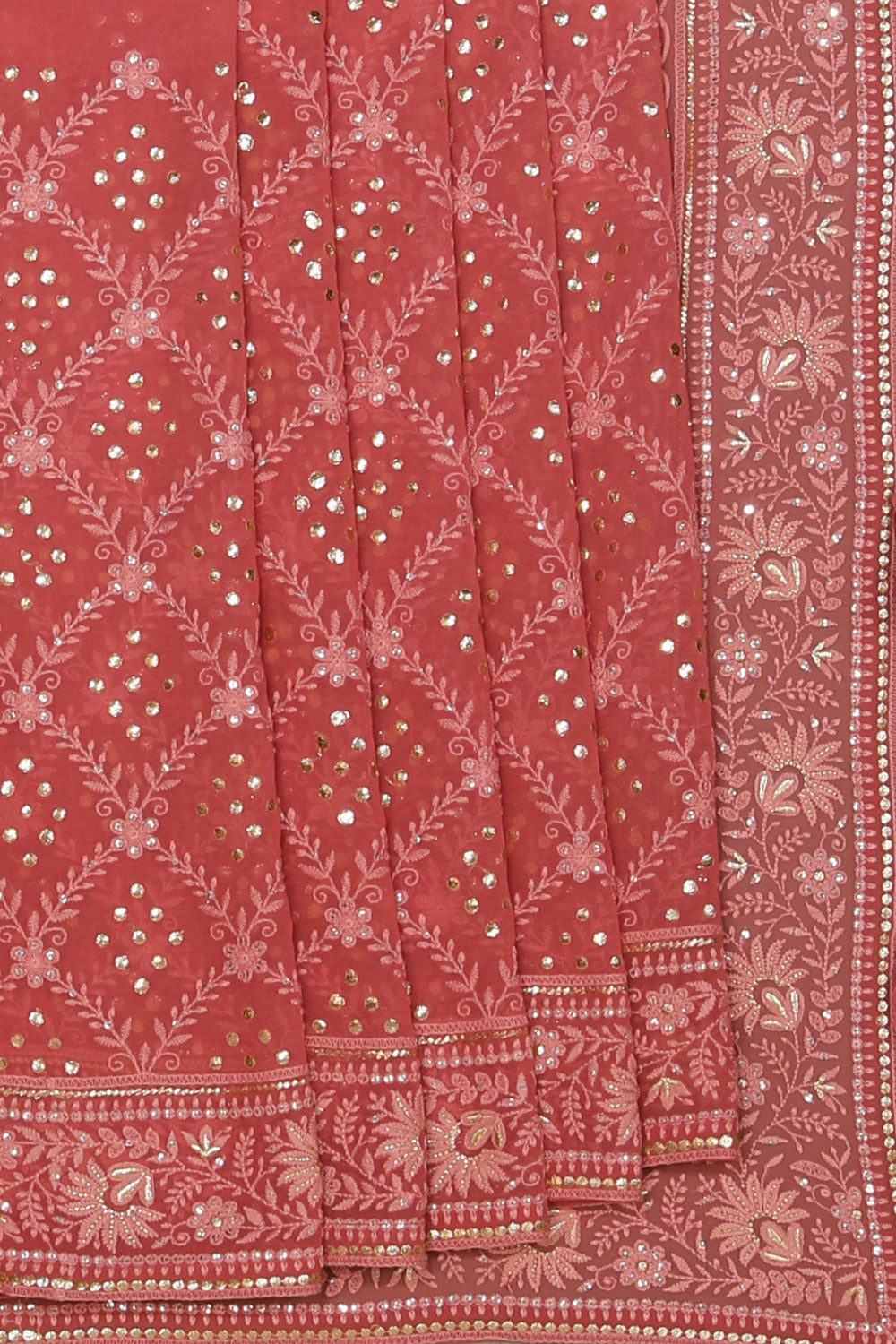 Collection of Georgette Coral-Pink Saree in a gallery layout