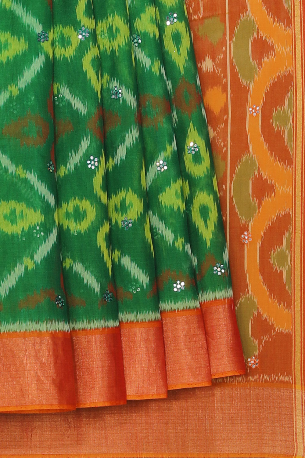 Collection of Ikat Cotton-Silk Green Saree in a gallery layout