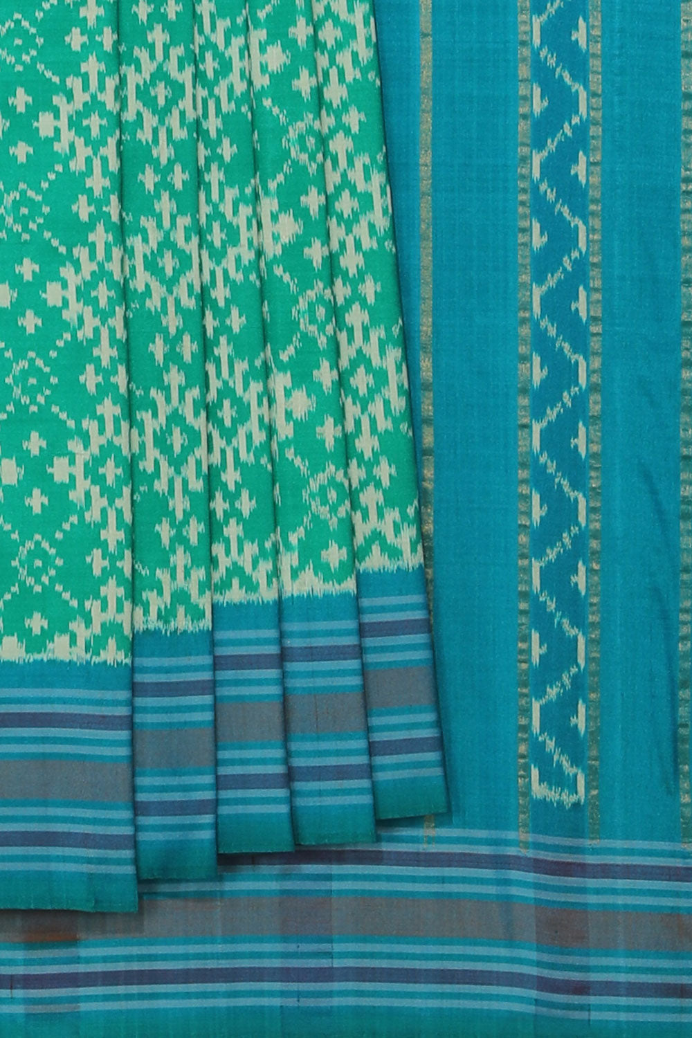 Collection of Pochampally Ikat Silk Green Saree in a gallery layout